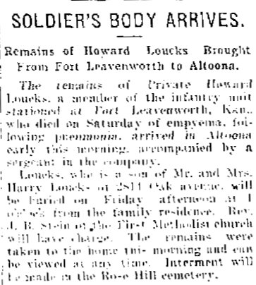 Death of Private Howard Loucks Altoona PA WWI