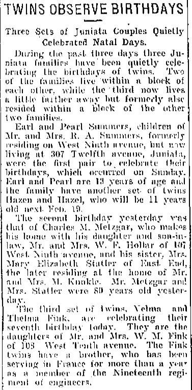 Twins in Juniata PA Celebrate Birthdays 1918