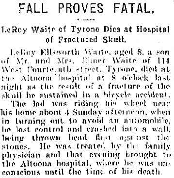 LeRoy Waite Dies in Altoona PA May 1918