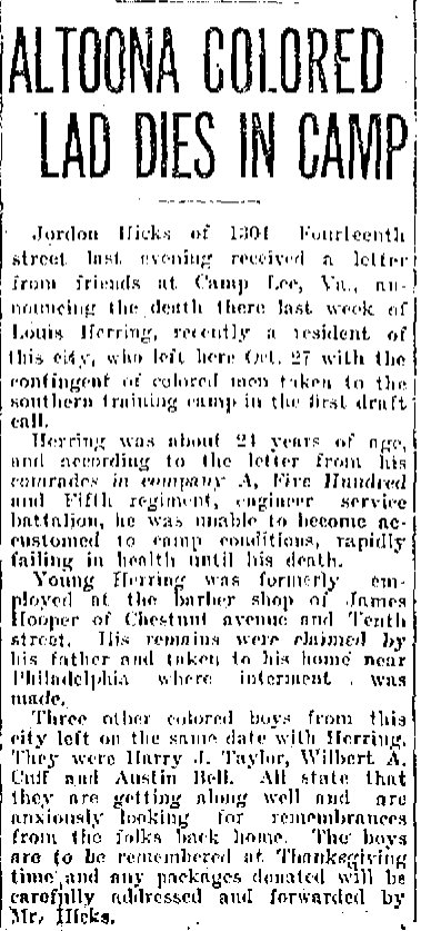 Death of Louis Herring Altoona PA WWI