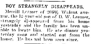 Disappearance of Merrill Leamer Altoona PA 1918