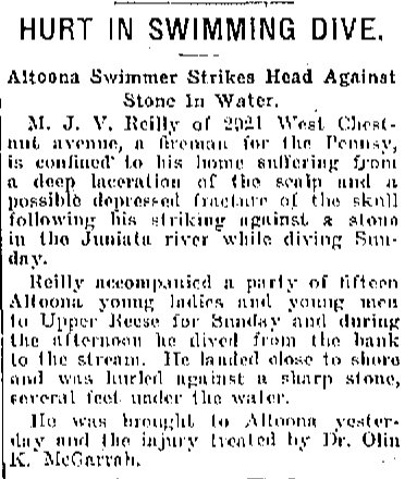 MJ Reilly Hurt Diving in Juniata River 1918
