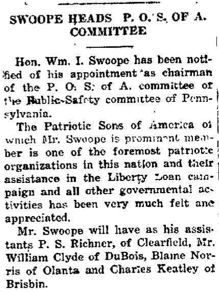 William Swoope heads Patriotic Sons of America WWI Liberty Loan Drive in Clearfiled PA