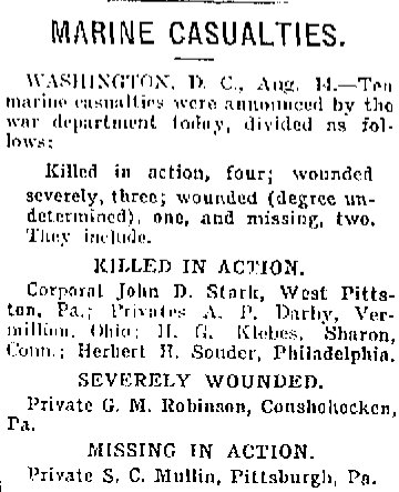 Casualties Reported August 1918 WWI