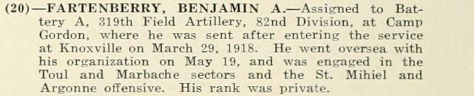 BENJAMIN A FARTENBERRY WWI Veteran