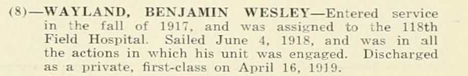 BENJAMIN WESLEY WAYLAND WWI Veteran