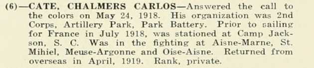 CHALMERS CARLOS CATE WWI Veteran