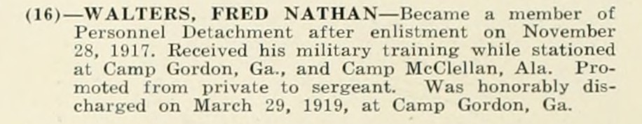 FRED NATHAN WALTERS WWI Veteran