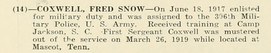 FRED SNOW COXWELL WWI Veteran