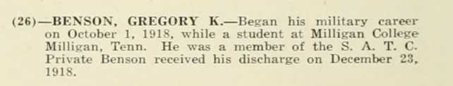 GREGORY K BENSON WWI Veteran