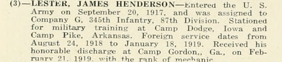 JAMES HENDERSON LESTER WWI Veteran
