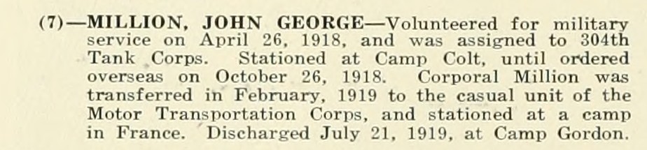 JOHN GEORGE MILLION WWI Veteran