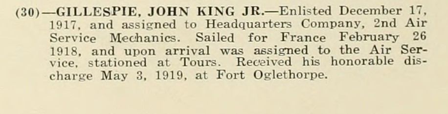 JOHN KING JR GILLESPIE WWI Veteran
