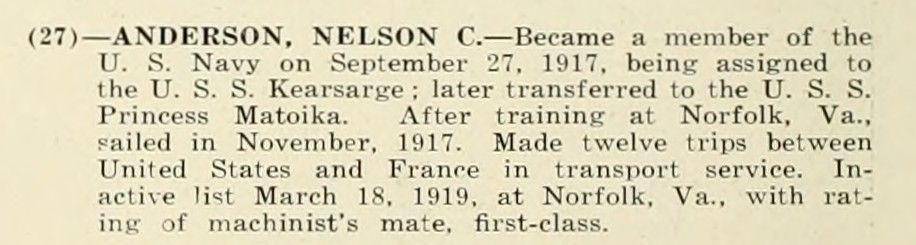 NELSON C ANDERSON WWI Veteran
