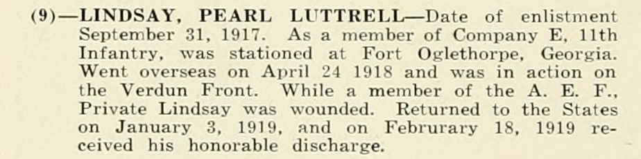 PEARL LUTTRELL LINDSAY WWI Veteran