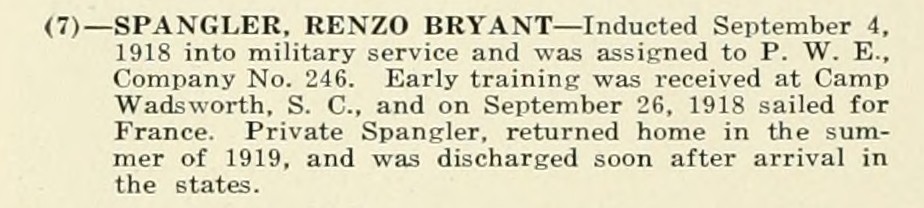 RENZO BRYANT SPANGLER WWI Veteran