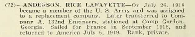 RICE LAFAYETTE ANDERSON WWI Veteran