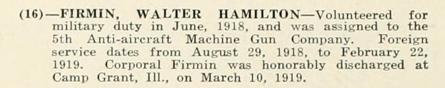 WALTER HAMILTON FIRMIN WWI Veteran