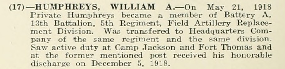 WILLIAM A HUMPHREYS WWI Veteran