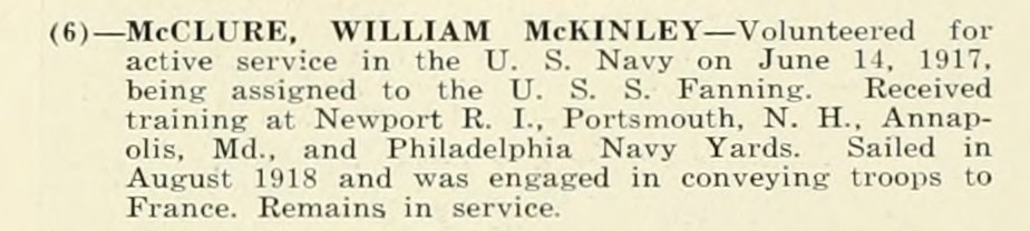 WILLIAM McKINLEY McCLURE WWI Veteran