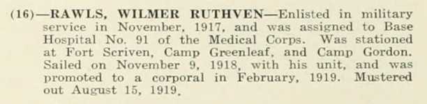 WILMER RUTHVEN RAWLS WWI Veteran